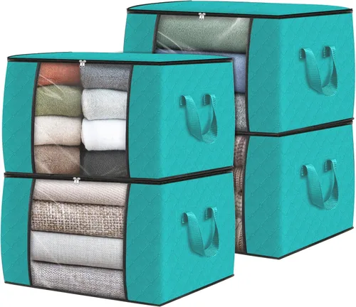 Vista 66 de Fab totes Paquete de 3 bolsas de almacenamiento plegables de tela gruesa, contenedores para organizar dormitorio, armario, ropa, edredón, Beige