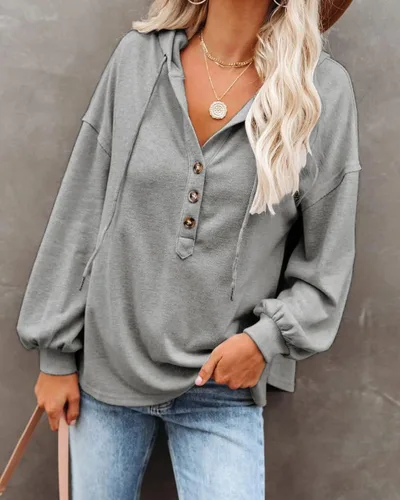 Vista 3 de REVETRO Camisas Henley de manga larga con cuello en V para mujer, sudaderas con capucha y cordón