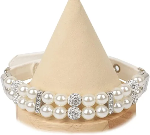 Vista 6 de HOWWFALY Collares de perlas para perros y gatos con diamantes de imitación de cristal, collar de piel sintética, collar ajustable para perros