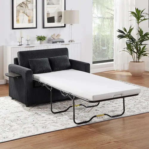 Vista 13 de P PURLOVE Sofá cama cama de 47.2 pulgadas de largo, sofá cama extraíble 2 en 1 con colchón, una mesa auxiliar plegable, sofá biplaza para sala