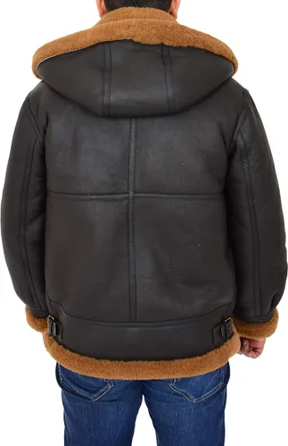 Vista 2 de Chaqueta voladora de piel de oveja real para hombre, con capucha, color marrón, pelirroja, piloto B3, aviador, bombardero Hawker