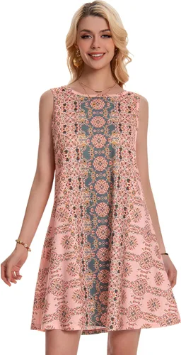 Vista 5 de Vestidos de verano para mujer de playa estilo bohemio, sin mangas, vintage, floral, vaporoso, con bolsillo, camiseta sin mangas, vestidos de verano