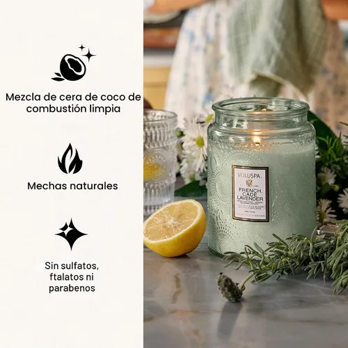Vista 4 de Vela en frasco de vidrio grande de enebro francés y lavanda, 100 horas, 16 oz, Voluspa Coconut Wax Blend in Decorative Glass, Clean Even Burn, USA