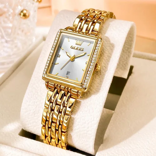 Vista 4 de OLEVS Reloj de mujer de oro de acero inoxidable, reloj de cara cuadrada pequeña con decoración de diamantes, reloj de vestir de cuarzo analógico