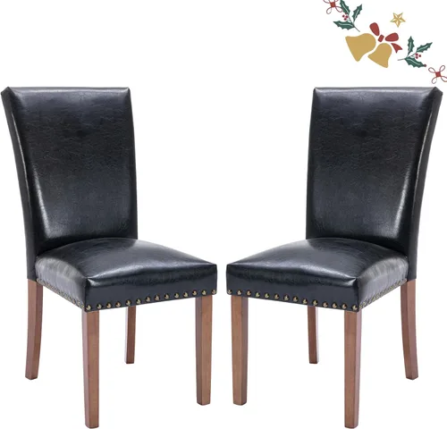Vista 20 de Juego de 2 sillas tapizadas de tela para comedor, sillas de cocina estilo Parsons con ribete de cabeza de clavo y patas de madera - Beige