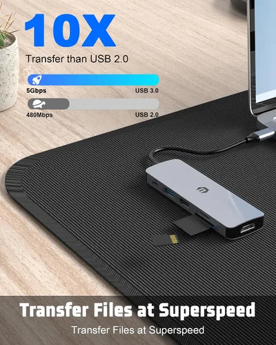 Vista 3 de Estación de acoplamiento, concentrador USB-C 6 en 1 TOTU que permite impresionantes pantallas HDMI 4K, transferencias de archivos ultrarrápidas de 5