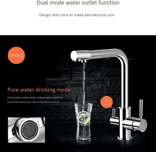 Vista 3 de Grifo de acero inoxidable de 360 ° para fregadero de cocina, latón sin plomo, 3 en 1, mezclador de agua potable, filtro de agua potable, grifo