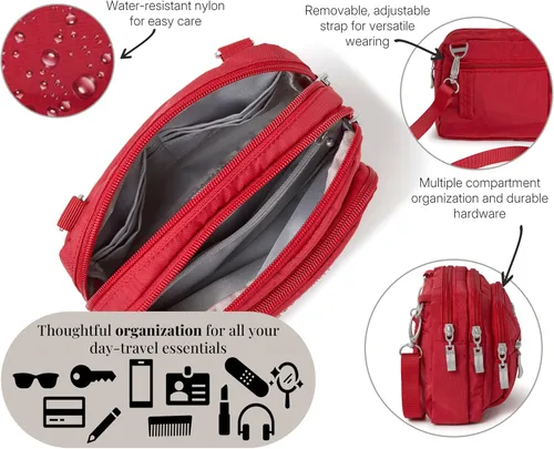 Vista 5 de Baggallini Bolsa cruzada pequeña con triple cremallera para mujer, 8 x 6 pulgadas, ligera, convertible
