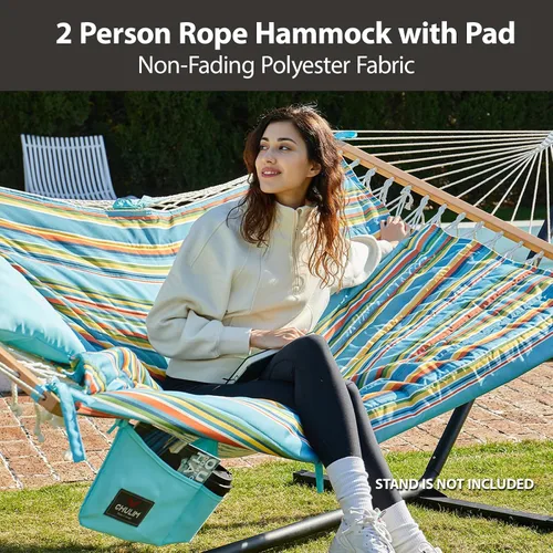 Vista 2 de CHULIM Hamaca doble para exteriores con barras de soporte de madera dura, gran hamaca de cuerda con almohada de poliéster y cojín, capacidad de 224