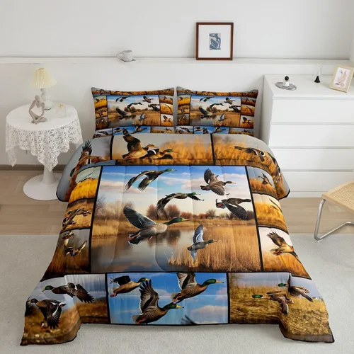 Vista 24 de Erosebridal Juego de ropa de cama a cuadros azul para niños, juego de cama individual con diseño de patos amarillos de dibujos animados, juego