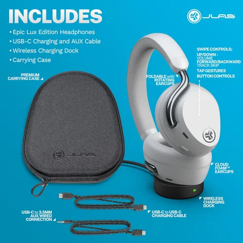 Vista 8 de JLab, Epic Lux Lab Edition, auriculares inalámbricos sobre la oreja, cancelación activa de ruido, audio de alta resolución, blanco nube