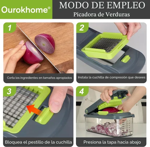 Vista 6 de Picadora de verduras Ourokhome con recipiente, picadora manual de verduras con 2 cuchillas de corte para tiras de papa, cubos de cebolla, palitos
