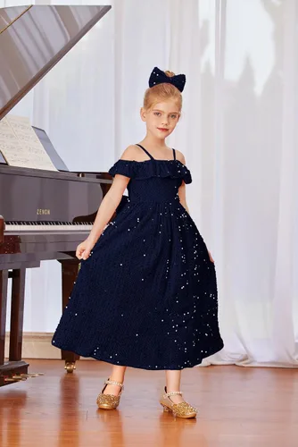 Vista 6 de GRACE KARIN Vestido de niña con hombros descubiertos y lentejuelas brillantes con nudo de lazo, 6-12 años