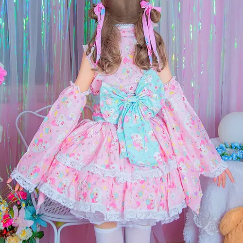 Vista 3 de BelugaDesign Vestido Kawaii Lolita Lindo juego de 8 piezas rosa pastel Falda camisa, cinturón manga lazo para mujer