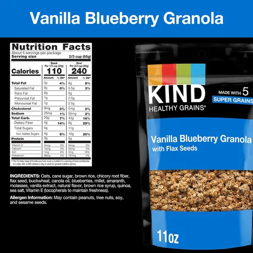 Vista 3 de KIND HEALTHY GRAINS Granola, snack saludable, granola de vainilla y arándanos con semillas de lino, mezcla de aperitivos, 3 unidades, 33 onzas