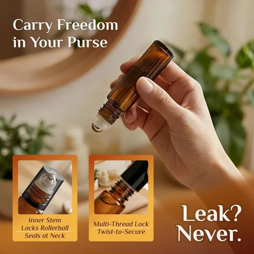 Vista 6 de PrettyCare 4 Pack 10ml Amber Glass Essential Oil Roller Bottles - Roller Ball Applicator, Leakproof Roll on Bottles, Travel Size Containers, Empty