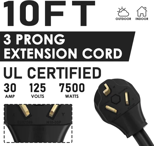 Vista 5 de Cable de extensión para secadora de 3 clavijas de 10 pies, 30 amperios, NEMA 10-30P a 10-30R 10 AWG, color negro Cable de extensión EV