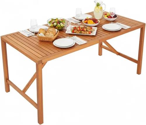 Vista 11 de Tangkula Mesa de comedor rectangular para exteriores, mesa de madera de acacia con agujero para sombrilla de 2 pulgadas, amplia mesa de listones