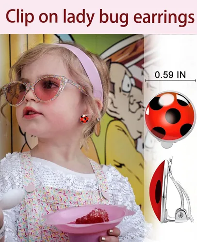 Vista 2 de Red Ladybird Earring Studs Black Spots Silver Bug Earrings for Halloween Christmas Birthday Cosplay
