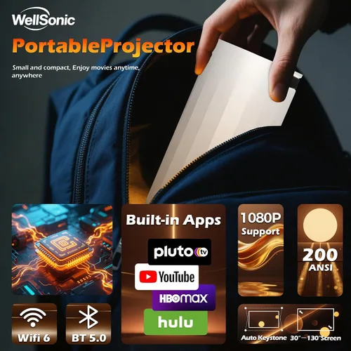 Vista 3 de Mini Proyector con WiFi y Bluetooth, Proyector de Película Portátil Soporte 4K, Auto Keystone, Rotación de 210°, Pantalla de 130'' Proyector
