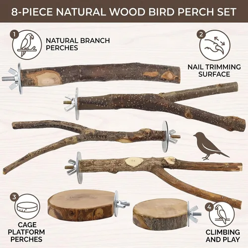 Vista 2 de Natural Wood Bird Perch Stand Platform Set, Tool Free Height Adjust