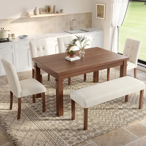Vista 51 de Juego de mesa de comedor vintage de 6 piezas, juego de mesa de comedor de cocina de madera maciza con 4 sillas ergonómicas acolchadas y banco, mesa
