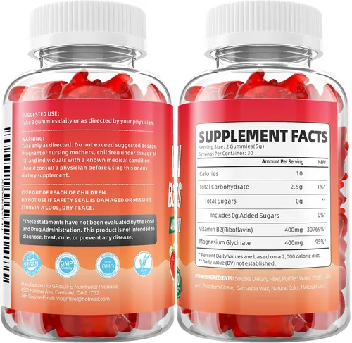 Vista 9 de Gomitas de vitamina B2, riboflavina de 400 mg con magnesio para niños y adultos, gomitas B2 para alivio de la migraña y apoyo energético, sabor a