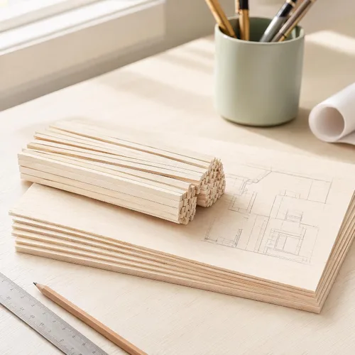 Vista 7 de Kit de manualidades de madera de balsa prémium Barsha Space - 10 hojas sin acabar (10x15cm, 12.7mm) + 140 palos (3mm & 6mm) - Ideal para modelos