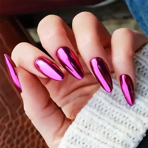 Vista 17 de Uñas postizas a presión cromadas de bronce y almendra mediana, uñas postizas de aguja con diseño brillante, uñas postizas acrílicas de metal