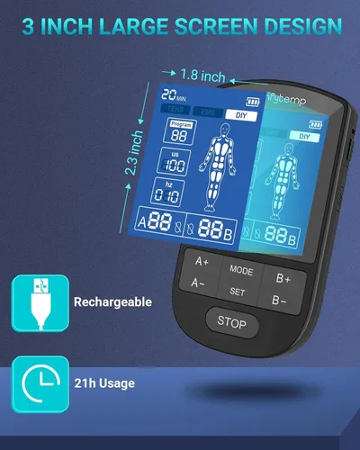 Vista 6 de Comfytemp Unidad TENS - Estimulador muscular para terapia de alivio del dolor, máquina TENS con 24 modos y DIY, unidad EMS de doble canal