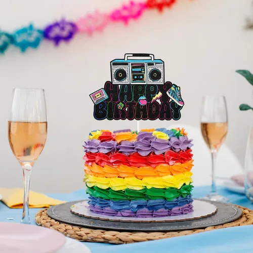 Vista 5 de Decoración retro para tartas de cumpleaños de los años 90, decoración de pastel de discoteca hip hop con cinta de casete Boombox y tenis