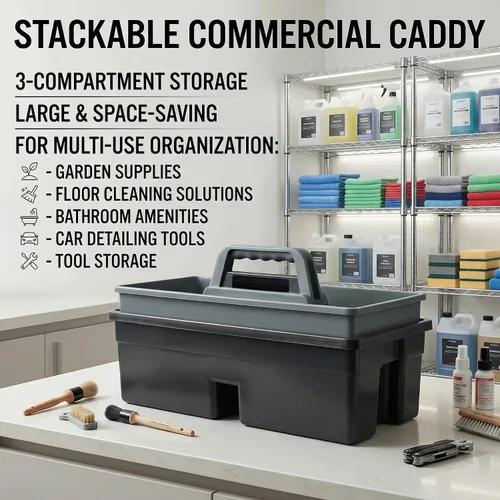 Vista 3 de Cesta de limpieza de plástico con 3 compartimentos – Cubo organizador de herramientas de plástico apilable de calidad comercial grande con asa