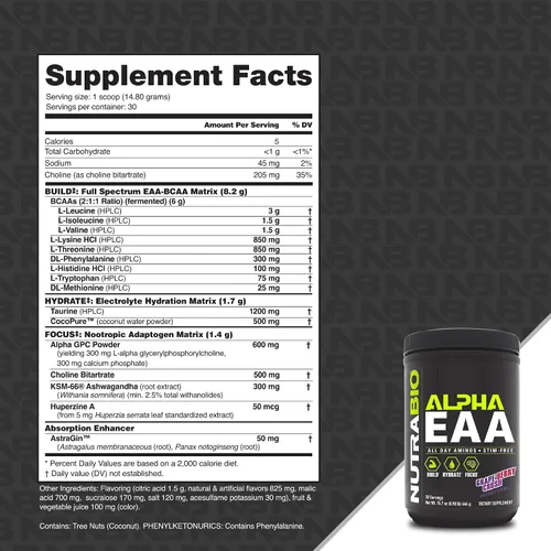 Vista 2 de NutraBio Alpha EAA - Aminoácidos de Todo el Día para el Crecimiento Muscular e Hidratación - Aminoácidos Esenciales con Nootrópicos y Adaptógenos