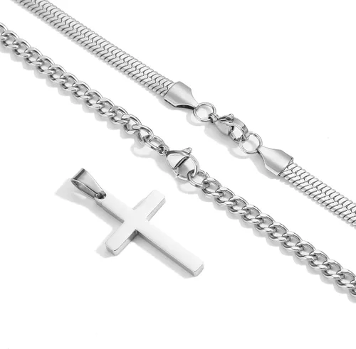 Vista 5 de Collar de cruz para hombres y niños, de acero inoxidable en capas, cadena de espiga cubana, colgante de cruz religiosa, joyería de moda, regalos