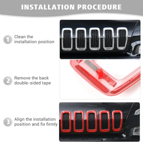 Vista 6 de Jimen Insertos de parrilla para Jeep Cherokee, 7 piezas de insertos de rejilla compatibles con Jeep Cherokee 2014-2018, Rojo