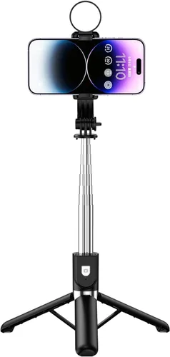 Vista 3 de Palo selfie con luz, trípode extensible todo en 1 con control remoto inalámbrico desmontable, soporte portátil para teléfono celular, trípode ligero