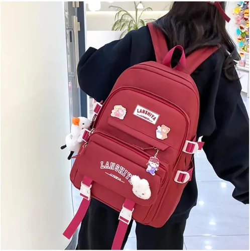 Vista 3 de Linda mochila con accesorios kawaii, juego de 5 bolsas estéticas impermeables, Rojo