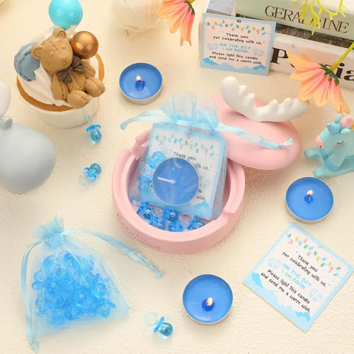 Vista 5 de Ctosree 50 juegos de regalos de baby shower para invitados que incluyen lindos chupetes de bebé, velas de té y etiquetas de agradecimiento, bolsas