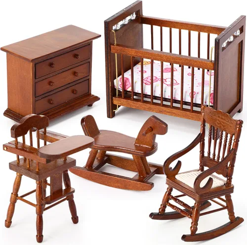 Vista 8 de Silipull Juego de 5 piezas de muebles de madera para casa de muñecas escala 1:12, miniatura, muebles de dormitorio de madera, accesorios de casa