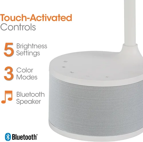 Vista 8 de OttLite Lámpara de escritorio LED con doble cabezal y altavoz Bluetooth, regulable con control táctil y modos de color, puerto de carga USB, LED