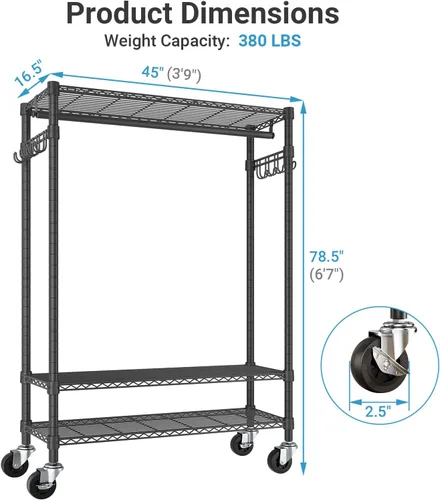 Vista 6 de VIPEK R3C Plus Perchero para Ropa - Perchero Rodante para Ropa con Ruedas con Seguro, Armario Portátil de Servicio Pesado con Estantes Ajustables