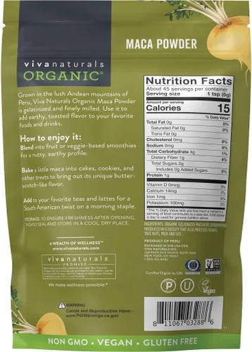 Vista 7 de Polvo de maca orgánico gelatinizado de Viva Naturals, 8 oz – Vegano, USDA orgánico, sin gluten, sin GMO, superalimento peruano en bolsa resellable