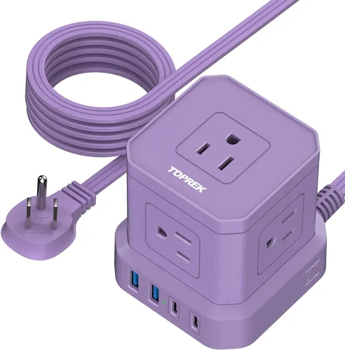 Vista 10 de Regleta de alimentación con USB-C (3.0A), protector de sobretensiones TOPREK (700J), cable de extensión de 10 pies con 5 CA y 4 USB, enchufe plano