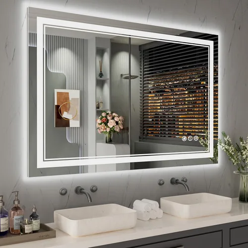 Vista 14 de Espejo de baño LED de 24 x 28 pulgadas, luz frontal y retroiluminada, antiniebla, regulable, espejo de tocador iluminado con memoria, espejo LED