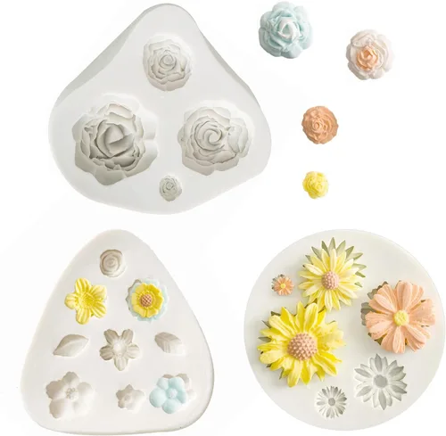Vista 9 de KALAIEN 3 moldes para pastel de fondant de flores, margarita, flor de rosa, pequeño floral para fondant de chocolate, arcilla polimérica y jabón