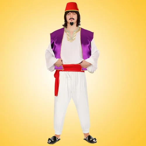 Vista 5 de Zhanmai Juego de 5 piezas de disfraz de príncipe árabe para hombre, chaleco morado, pantalones harén, sombrero de fieltro rojo Fez, banda y barba