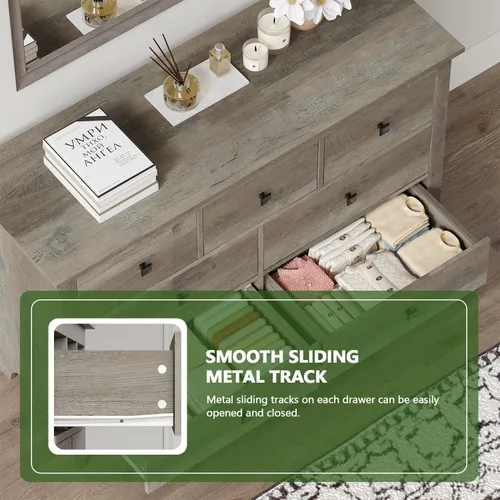 Vista 6 de Vikiullf – Cómoda de 7 cajones - Cajonera de dormitorio de madera, cajones de almacenamiento grises para dormitorio, sala de estar, organizador