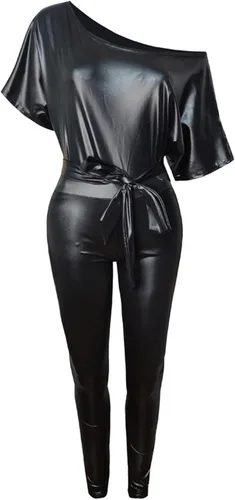 Vista 5 de Jsarle Vestidos sexys para mujer, de un hombro, manga corta, murciélago, ajustado, mini vestido de cuero, para fiesta, boda, club, vestido