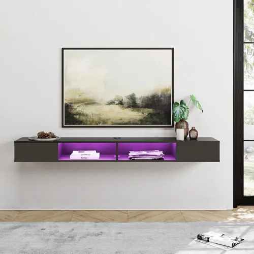 Vista 2 de WAMPAT Centro de entretenimiento flotante para TV de 80 pulgadas, soporte de TV montado en la pared con luz LED, estante de TV flotante debajo