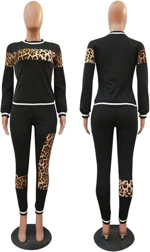 Vista 4 de Conjunto de 2 piezas para mujer, estampado de leopardo de manga larga, camisa, ajustado, pantalones